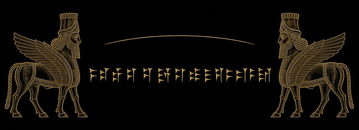 Two winged guardians face each other across a line of marks.